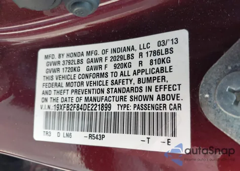 2013 Honda Civic Ex z USA, uszkodzony, nr VIN 19XFB2F84DE221899